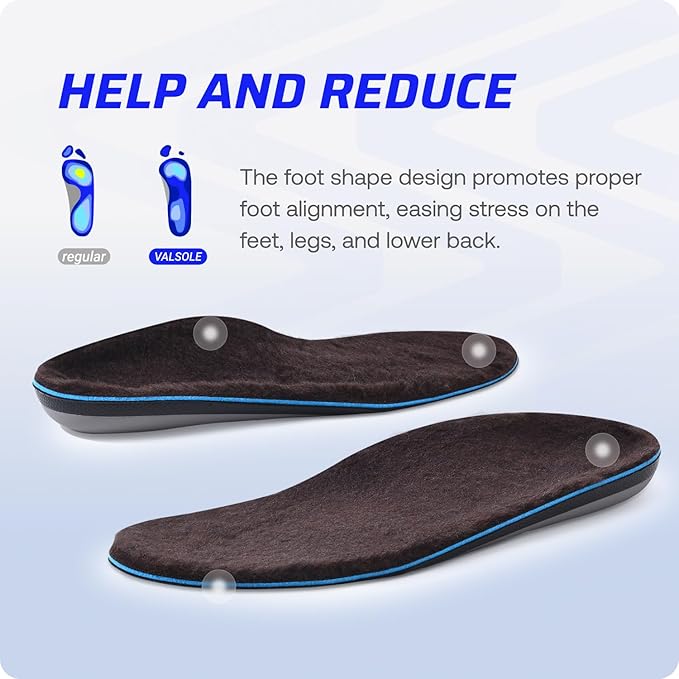 VALSOLE 250+lbs Winter Thermal Wool Insoles for Men Women,Plantar Fasciitis Orthotics Insert,for Flat Feet,High Arch,Foot Pain,Standing All Day Boot Work Shoe Warm Insoles(302mm)