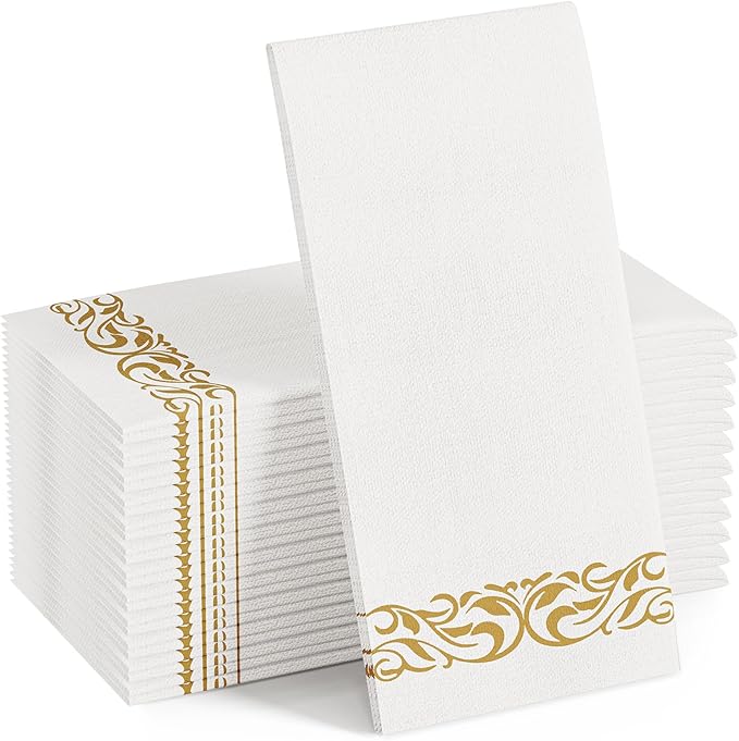 FOCUSLINE 100 Linen Feel Bathroom Napkins, Soft and Absorbent Disposable Guest Towels, Cloth-Like Paper Hand Towels Decorative Napkins for Dinners, Parties, Weddings or Events, Gold, 12" x 17"