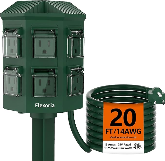 Outdoor Power Strip Waterproof, 20 FT Extension Cord, 6 Grounded Outlets for Halloween/Christmas Decorations and Inflatables, 15A/1875W, ETL Listed