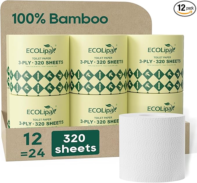ECOLipak Bamboo Toilet Paper 3 Ply, Septic Safe Toilet Tissue, 12 Double Rolls, 320 Sheets Per Roll, Tree Free, Non Toxic, Soft and Absorbent, Eco Friendly Dye-Free Paper, White