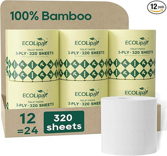 ECOLipak Bamboo Toilet Paper 3 Ply, Septic Safe Toilet Tissue, 12 Double Rolls, 320 Sheets Per Roll, Tree Free, Non Toxic, Soft and Absorbent, Eco Friendly Dye-Free Paper, White