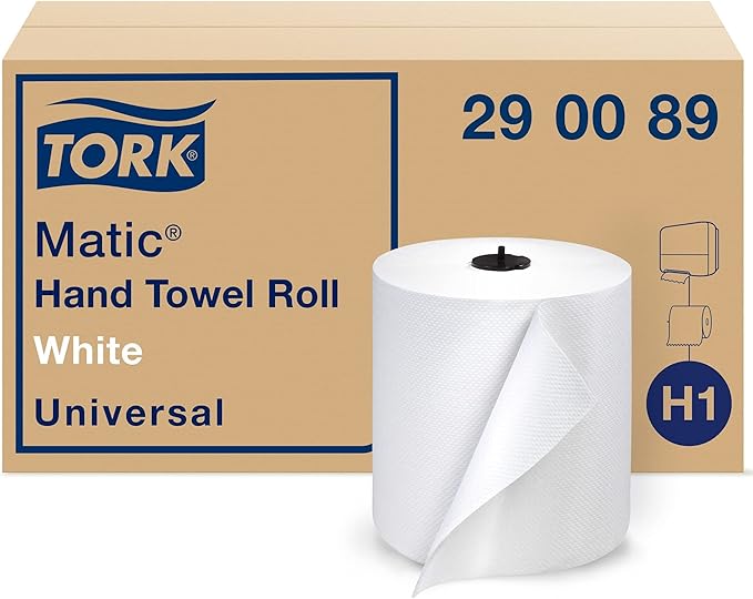 Tork Matic Paper Hand Towel Roll White H1, 6 Rolls x 700 ft, 290089 & Tork Matic Hand Towel Roll Dispenser, Black, Elevation, H1, One-at-a-Time dispensing with Refill Level Indicator, 5510282