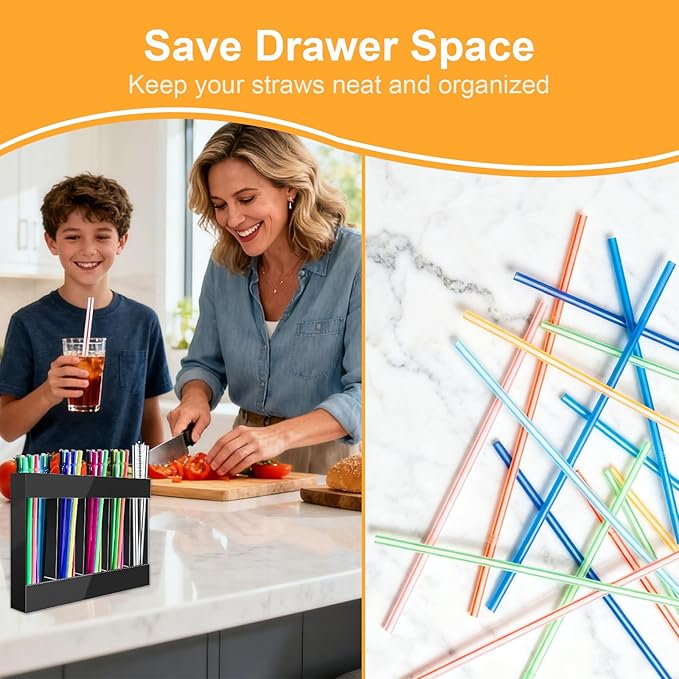 Straw Holder Acrylic for Cabinet Reusable Organizer Dispenser 5-Grid Straw Rack Comes with 8 Double-Sided Tapes and 15 Classification Label Stickers (Black)