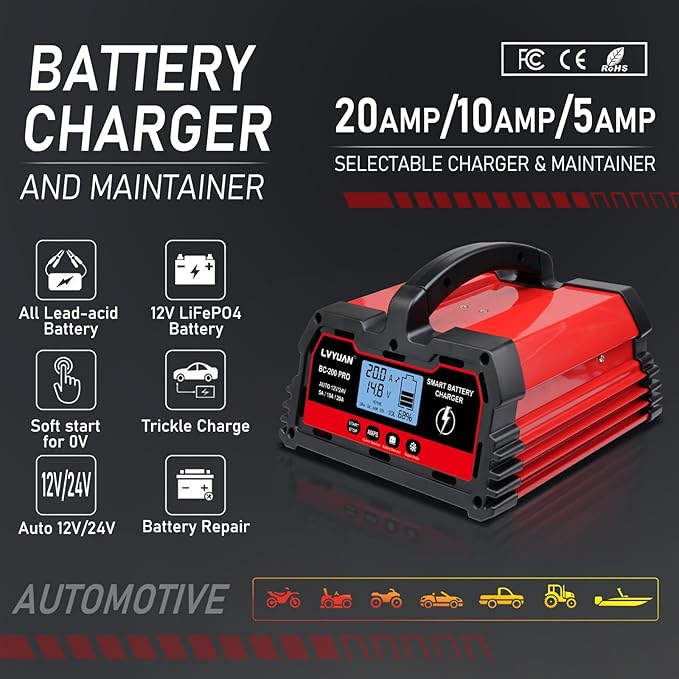 LVYUAN 20Amp Smart Car Battery Charger, 12V/24V Automotive Charger, LiFePO4 Battery, Lead-Acid Battery Maintainer with LCD Display, Trickle Charger, for Lawn Mower, Motorcycle, AGM, STD, Gel, EFB,etc