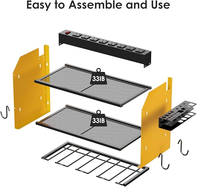 CCCEI Modular Power Tool Organizer Wall Mount with Charging Station. Garage Drill Storage Shelf with Hooks, Heavy Duty Rack, Tool Battery Holder Built in 8 Outlet. Gift for Men. Yellow.
