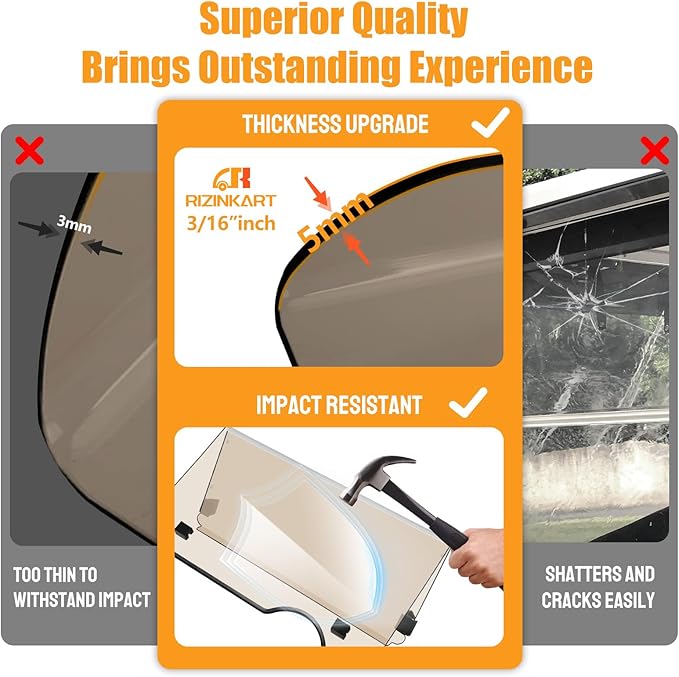 Golf Cart Foldable Windshield Fits 2008-Up EZGO RXV / Freedom RXV Only, 3/16" (5MM) Thicken Fits 1-1/4" Struts, Front Folding Windshield Replacement, Included Hardware