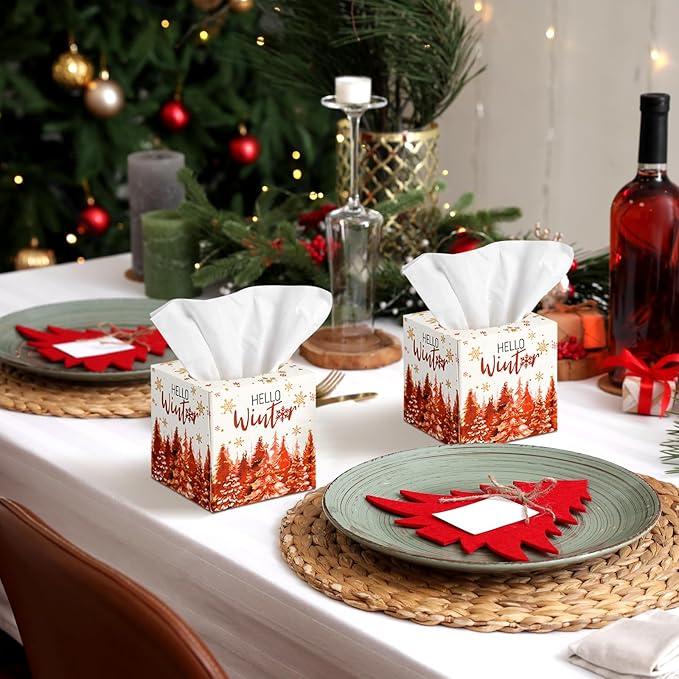 Bencailor 12 Pack Snowflake Facial Tissues Cube Boxes Winter Christmas Tree Square 600 Sheets 3 Ply Small Tissues Cube Boxes for Home Car Accessories(Red,Christmas Tree)