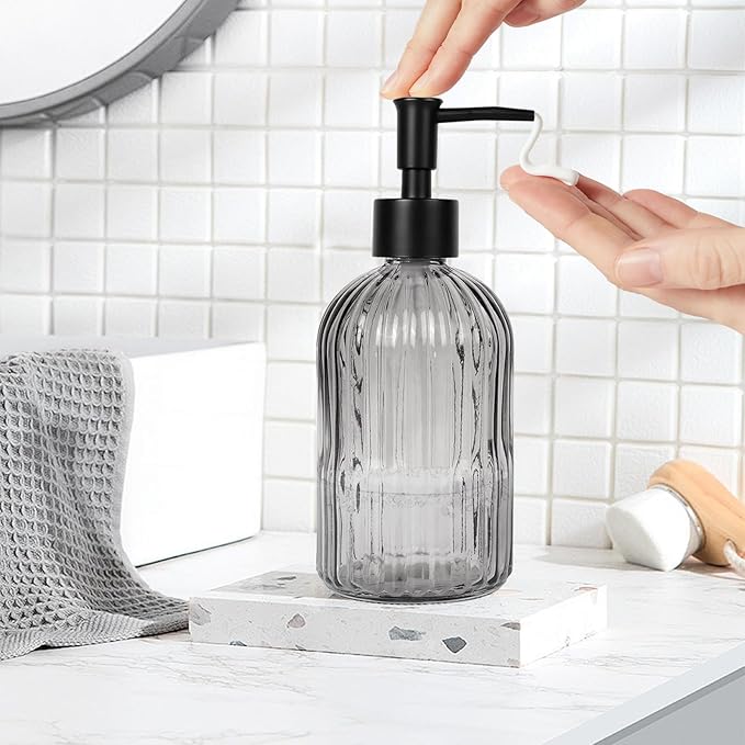 14Oz Black Pump Glass Soap Dispenser, Gray Stripe Countertop Refillable Liquid Bottle Hand Dish Lotion Dispenser with Plastic Pump, for Kitchen, Bathroom
