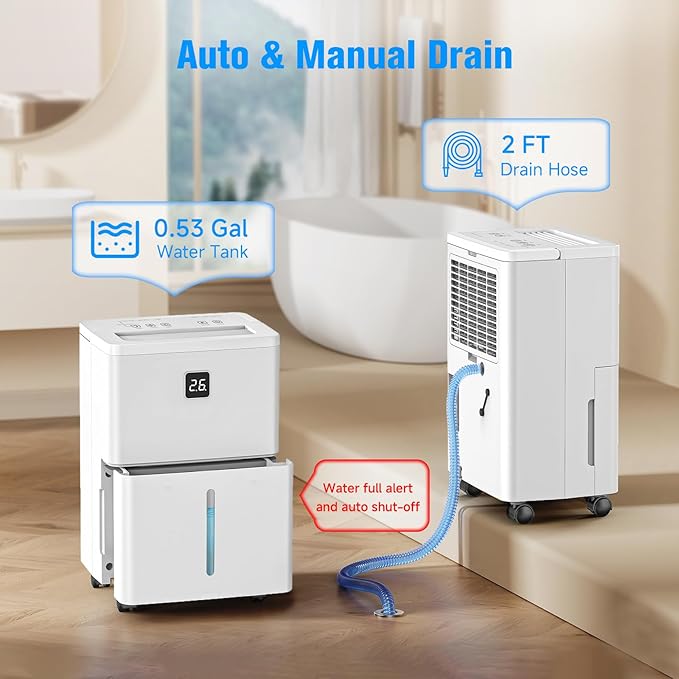 25 Pint Dehumidifier for Basement, Up to 3000 Sq.Ft, Quiet Dehumidifier with Drain Hose, Humidity Control, 24H Timer, Ideal for Bedroom, Bathroom, Room