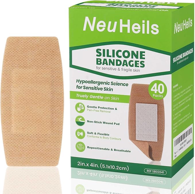 NeuHeils Silicone Adhesive Bandages for Sensitive Skin – Large 2x4 Inch (40 Count) | Hypoallergenic & Waterproof Wound Care | Pain-Free Removal, Non-Stick Pad, Gentle for Fragile Skin