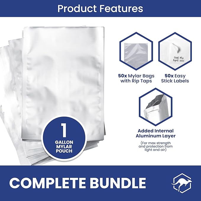 Wallaby 50 Count 1-Gallon Mylar Bags with Labels, 10 Mil Total Thickness Long-Term Food Storage Pouches, 10x14 Heat-Sealable Airtight Packaging - Silver
