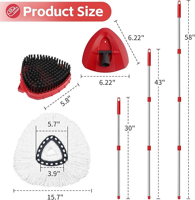 Spin Mop Replacement Mop Compatible with O Cedar 1 Tank System, 2 Microfiber Mop Heads Replacements, 58" Mop Replace Handle, 1 Scrub Brush Attachment and 1 Mop Base for Ocedar EasyWring Spin Mop