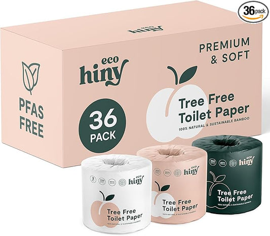 ecoHiny Premium & Soft Bamboo Toilet Paper | PFAS Free | 36 Mega Rolls, 3 ply & 350 Sheets | Non Toxic, FSC Certified, Septic Safe, BPA Free | Tree Free Toilet Tissue | Plastic Free Packaging