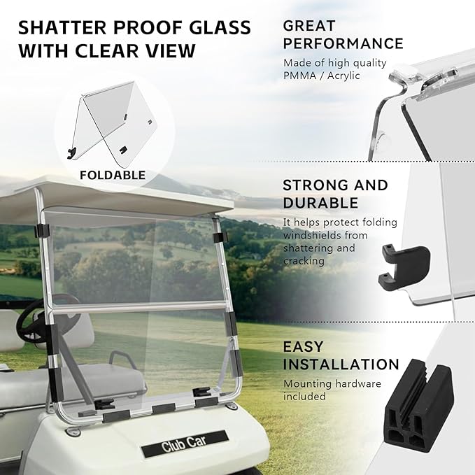 Club Car DS OLD Flip Flop Compact Golf Cart Windshield, Clear Color, 3/16" Thickness, Fits Club Car DS 1982-2000.5