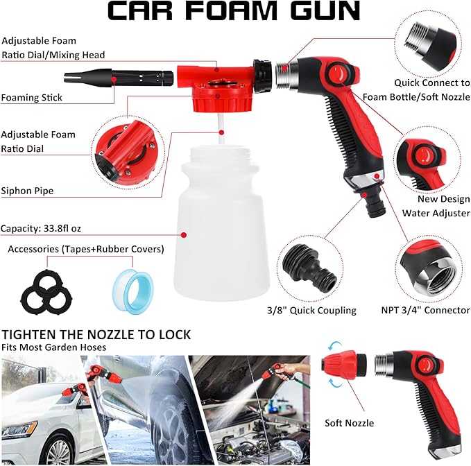 AUTODECO 35Pcs Car Wash Detailing Kit Cleaning Kits with Foam Gun Sprayer Collapsible Bucket Brush Large Wash Mitt Towels Complete Interior Exterior Car Washing Supply Set Black