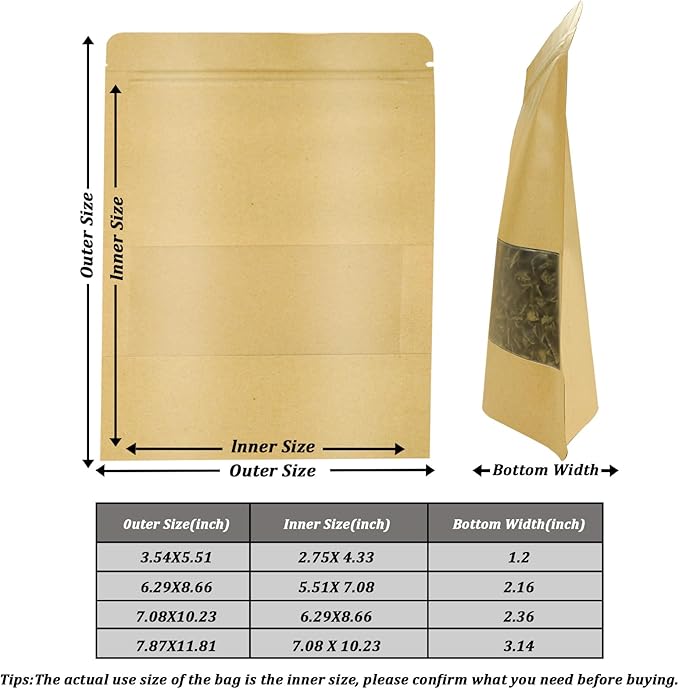 100 PCS Resealable Bags, Stand Up Kraft Paper Bags with Matte Window, Zipper Lock Food Storage Bags for Small Business and Home, 7.87 * 11.81 Inches Reusable Sealable Bags for Packaging