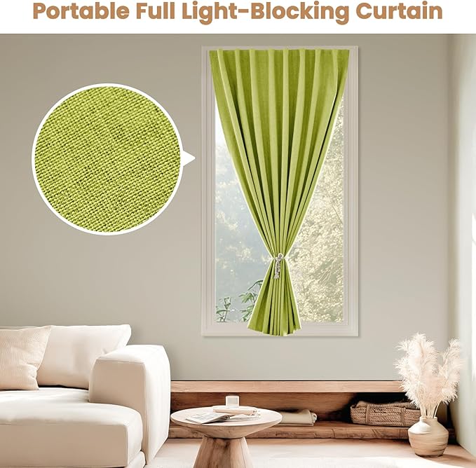 100% Blackout Curtain,Adhesive Curtain,Black Out Window Cover No Drilling Travel Kit,Perfect for Media Rooms, Dormitories and Renters (Fruit Green - W35 × L72 in)