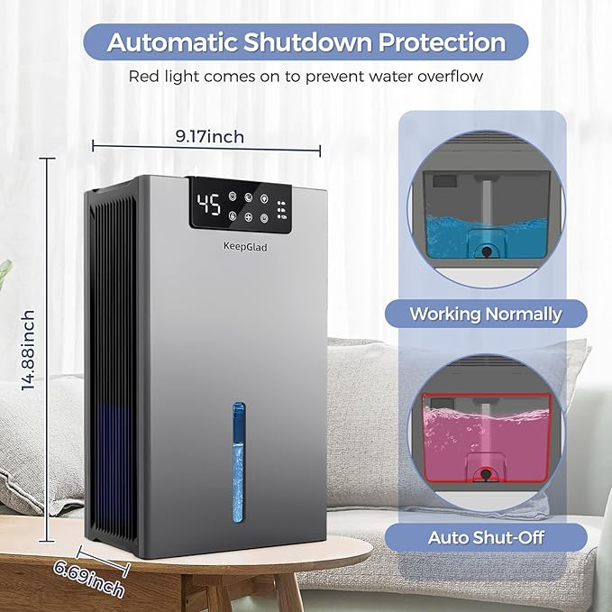 Dehumidifier, Dehumidifiers for Home(1000sq.ft), 98 OZ Water Tank, Dehumidifier Washable Air Filter, Dehumidifiers for Basement Bedroom Bathroom, Auto Shut Off, Timer Setting, 7 Colors Light, Gray