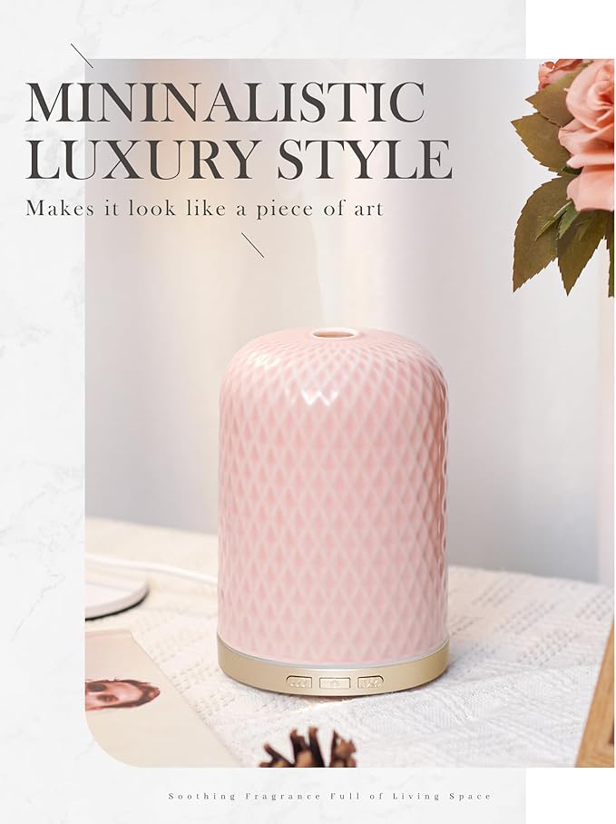 Essential Oil Diffusers,Diffusers for Essential Oils Large Room,120ML Ceramic Diffuser with USB Cable, Warm Ambient Light, Aromatherapy Diffuser Home Decor, Gift Choice, Pink