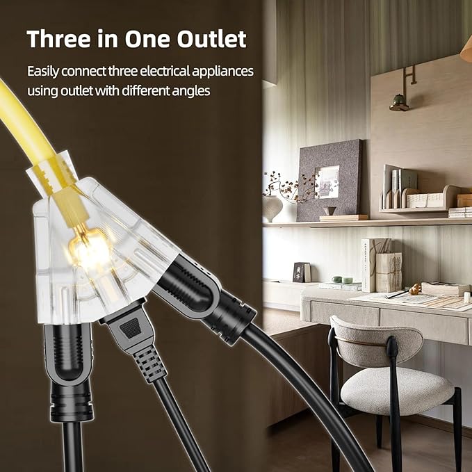 15 FT Outdoor Extension Cord with Multiple Outlets, 12 Gauge Heavy Duty Yellow Extension Cord Waterproof with 3 Outlet, 3 Prong Power Cord for Garden and Home Use Indicator Light, ETL Listed