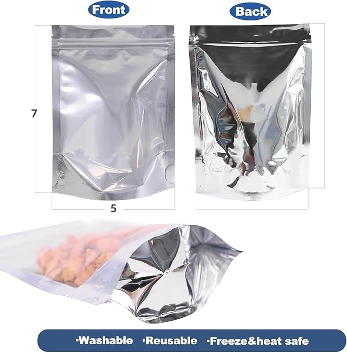 50 Pack Resealable Reusable Mylar Bags Stand Up Zipper Aluminum Foil With Clear Front Window 5"X7" for Food Storage Heat Seal Pouches Small Business Home Multipurpose