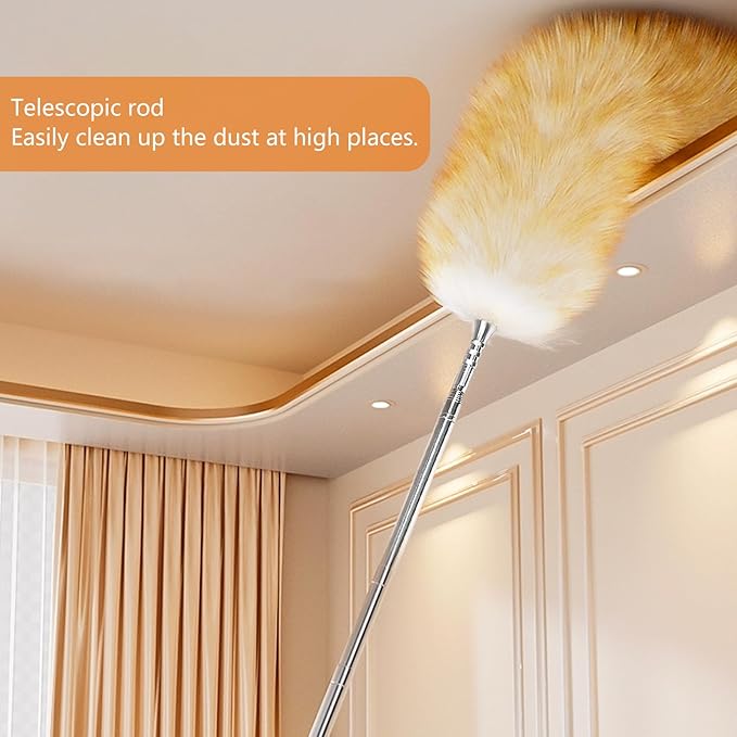 Lambswool Duster Extendable 31-88 Inch, Anti-Static Flexible Head, Stainless Steel Pole for High Ceilings, Fans, Interior & Roof Dusting - Yellow & White