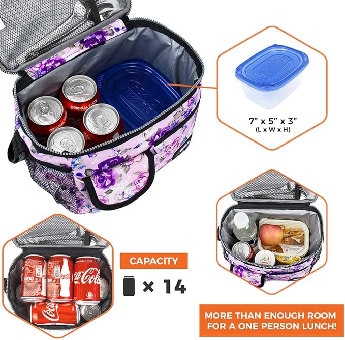 opux Insulated Lunch Bag for Men Women, Leakproof Floral Purple Lunch Box for Work, Portable Soft Lunch Cooler Bag with Shoulder Strap, Adult Lunchbox Lunch Pail for Kid Boy Girl School, 14 Can/8L
