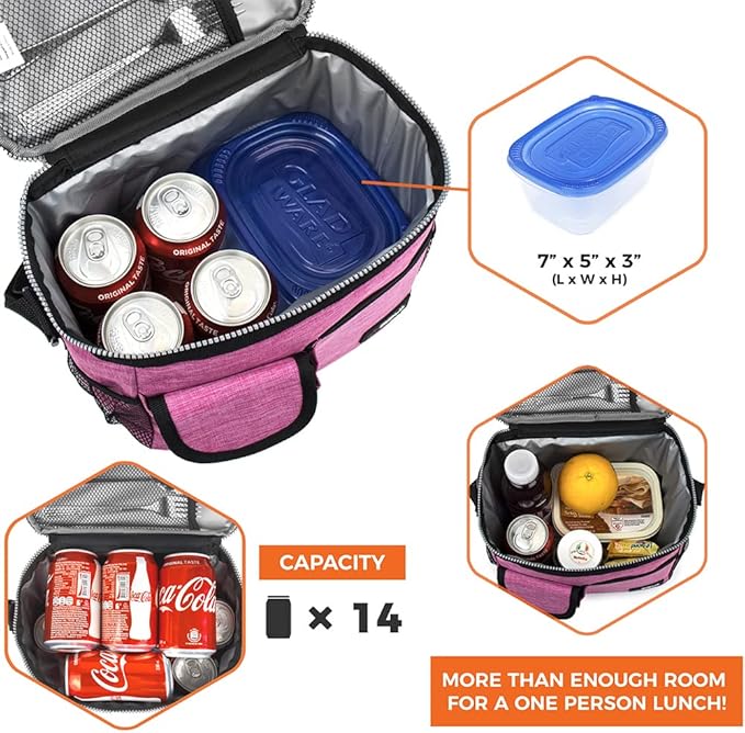 opux Insulated Lunch Bag for Men Women, Leakproof Heather Pink Lunch Box for Work, Portable Soft Lunch Cooler Bag with Shoulder Strap, Adult Lunchbox Lunch Pail for Kid Boy Girl School, 14 Can/8L
