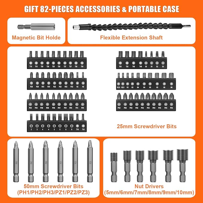 ENERTWIST 8V Cordless Electric Screwdriver, 82pcs 10Nm Max Fast Rechargeable Screwdriver Set with 1Hr Charger and Accessory Kit in Carrying Case, 21+1 Cluth, Dual Position Handle, ET-CS-8K
