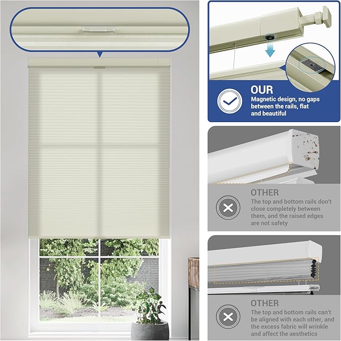 No Drill No Tools Cellular Shades Top Down Bottom Up Blackout Blinds for Windows Cordless Honeycomb Window Shades Easy to Install for Home, Light Filtering-Beige, Customized Size