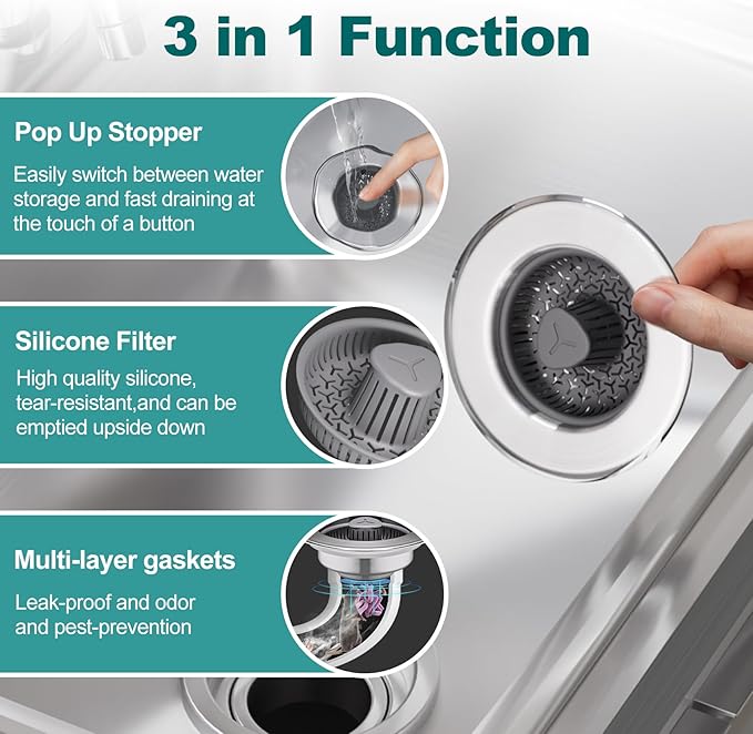Silicone 3 in 1 Kitchen Sink Drain Strainer and Stopper Combo, 304 Stainless Steel Wraped Shell, Silicone Anti-Clogging Basket Strainer, with Handle for US Standard 3-1/2 Inch Drain