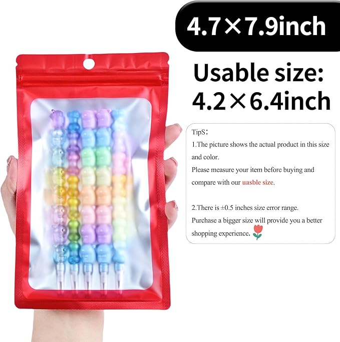 100 Pack Resealable Plastic Bags for Food Storage, Zipper Bags with Clear Front Window, Packaging Pouch for Small Business (Red, 4.7x7.9 inch)