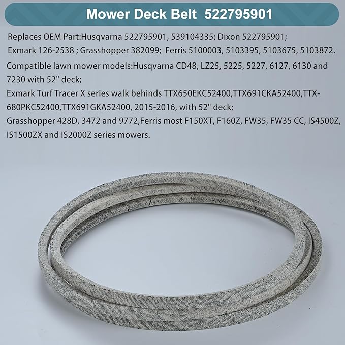 5/8 x 163'' Mower Belt for Husqvarna 522795901 539104335 Dixon 522795901 Exmark 126-2538 Grasshopper 382099 Ferris 5100003 5103395 5103675 5103872 Mower 52 Inch Deck Belt Kevlar Lawn Mower Belt