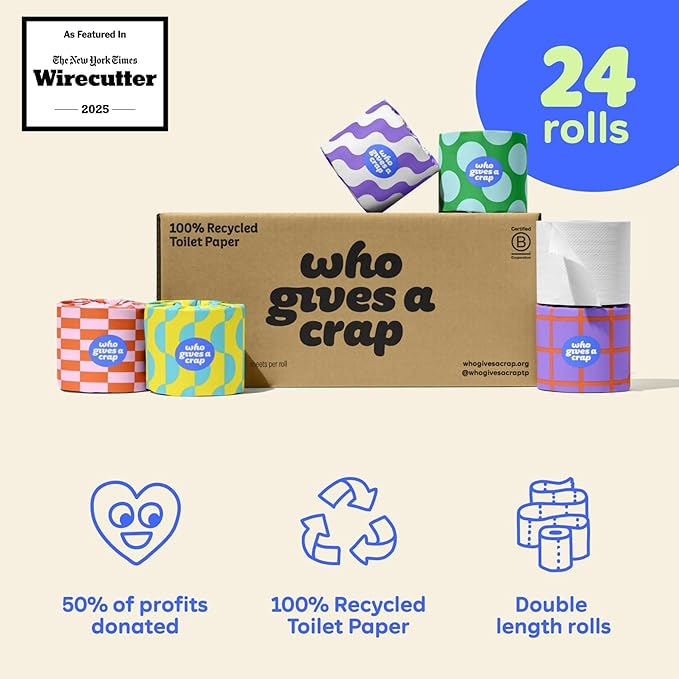 Who Gives A Crap | 100% Recycled Toilet Paper, 24 Rolls, 330 Sheets, Biodegradable & Ecofriendly, Soft & Strong, Virgin Tree Free, Bulk Toilet Paper