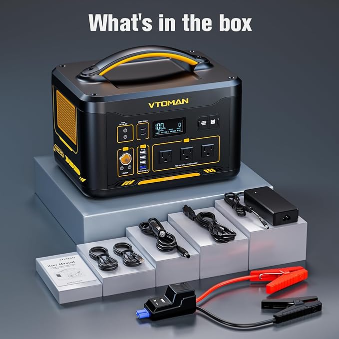 VTOMAN Jump 1800 Portable Power Station with Jumper Cables, 1548Wh LiFePO4 Battery Solar Generator with Jump Start for Car, 1800W 3xAC Outlets, 2xPD 100W Type-C, Large Capacity for Camping RV Backup