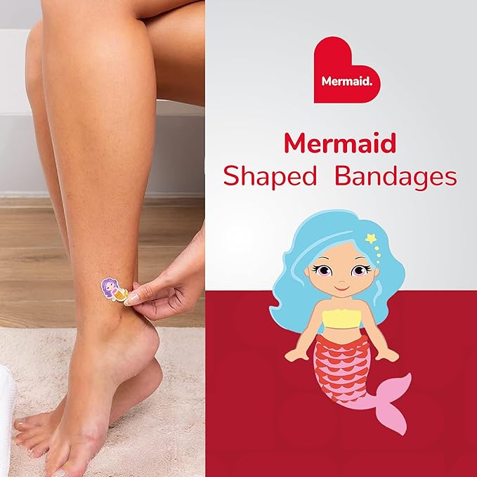 BioSwiss Kids Bandages, Mermaid Shaped Self Adhesive Bandage Set, Latex Free, Sterile Wound Care, 50 Count