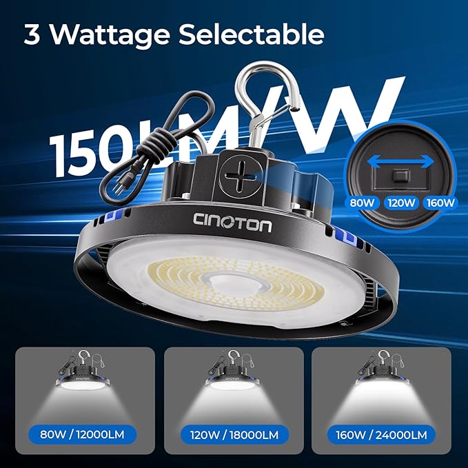 CINOTON UFO LED High Bay Light, 160W/120W/80W Switchable, AC100-277V LED Shop Lights with US Plug, 24000LM Dimmable 0-10V Commercial Bay Lighting for Garage Workshop 5000K Daylight-UL Listed, 4 Pack