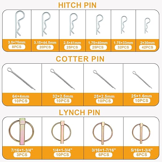 242 PCS Hitch Pins Assortment Kit – Heavy Duty R Clips, Cotter Pins, Lynch Pins & PTO Pins for Tractor, Trailer, Truck, Lawn Mowers, Farm Equipment, 3-Point Hitch Accessories