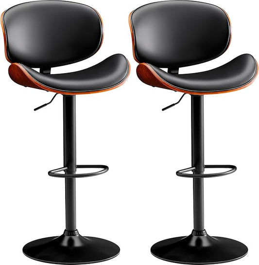 Bar Stools Set of 2 Adjustable Swivel Bentwood Barstools PU Leather Modern Bar Chairs with Back & Footrest for Bar, Kitchen Island, Dining Room (Black, Set of 2)