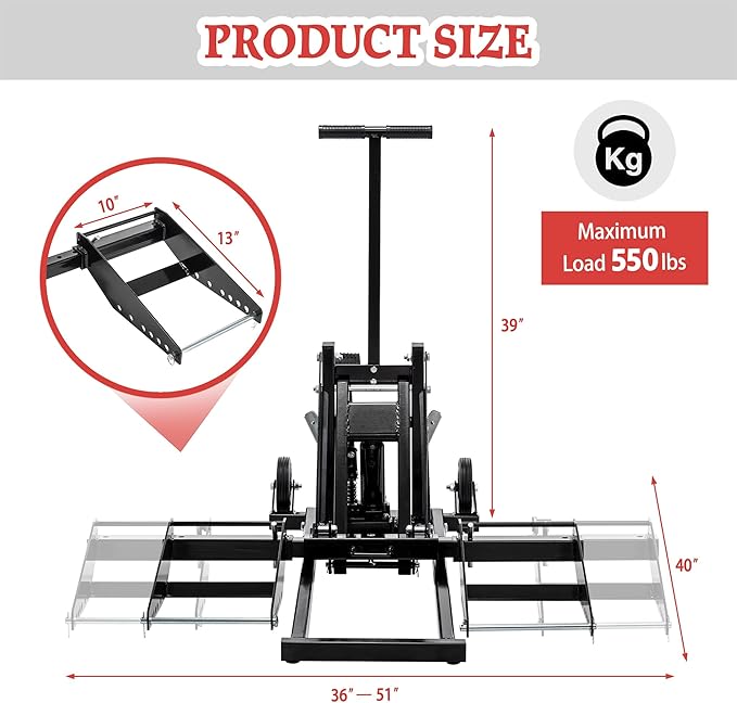 Heavy Duty Lawn Mower Lift Jack 550lbs Capacity Riding Mower Lift with Safety Lock& Non-Slip Wheels Lawn Tractor Lift Adjustable Wheel Span Suitable for Tractors and Zero Turn Lawn Mowers