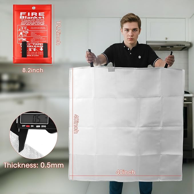Emergency Fire Blanket, 40"x40" Fiberglass Suppression Fire Retardant Blankets for Home, Kitchen, Camping, Grill, Car, Office, Warehouse with Hooks(2 Pack)