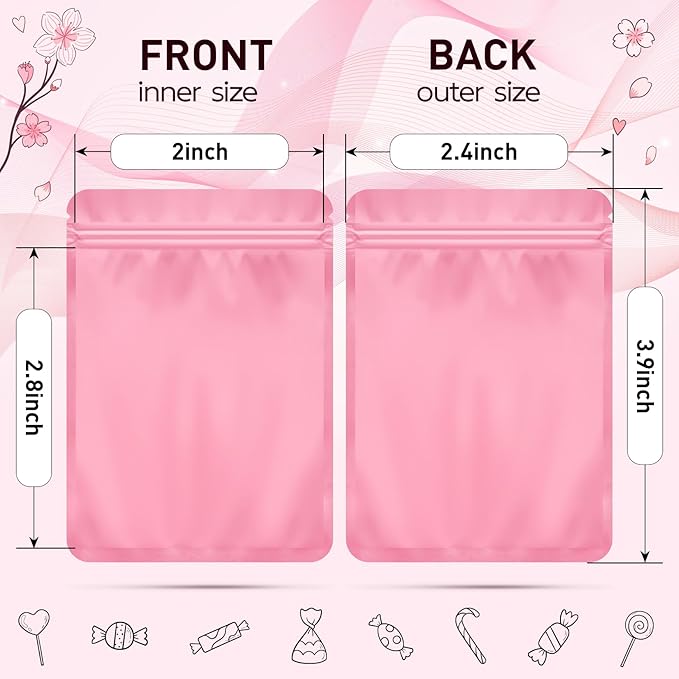 Funfery 100 Pack Pink Mylar Packaging Bags Resealable Bags Double Sided Color Odor Proof Pouch Baggies Smell Proof Foil Bag for Food Storage,Small Business(Pink,2.4x3.9inch)