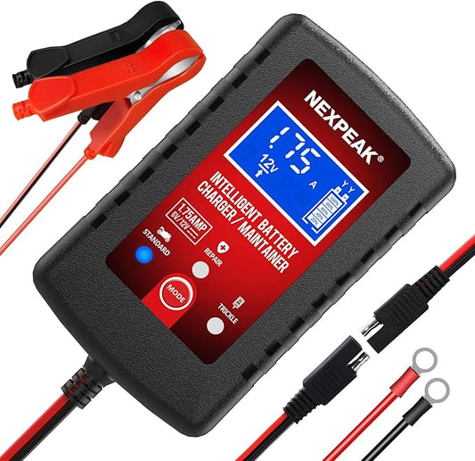 1.75-Amp Car Battery Charger, 6V and 12V Smart Fully Automatic Battery Charger Maintainer, Trickle Charger, Battery Desulfator for Car, Lawn Mower, Motorcycle, Boat, Marine Lead Acid Batteries