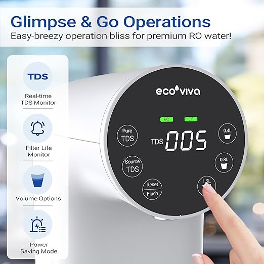 Ecoviva Countertop Reverse Osmosis System RO Water Filter, 5-Stage Filtration, Real-time TDS Monitor, BPA Free, 3:1 Pure to Drain, Indoor No Installation Desktop Portable Water Purifier, White