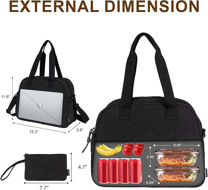 2 Pcs Quilted Puffer Lunch Tote for Women with Wallet, Water-Resistant 15.3’’ Laptop Tablet Work Bag with Insulated Lunch Compartment, 3 in 1 Lightweight Duffle Bag for Travel