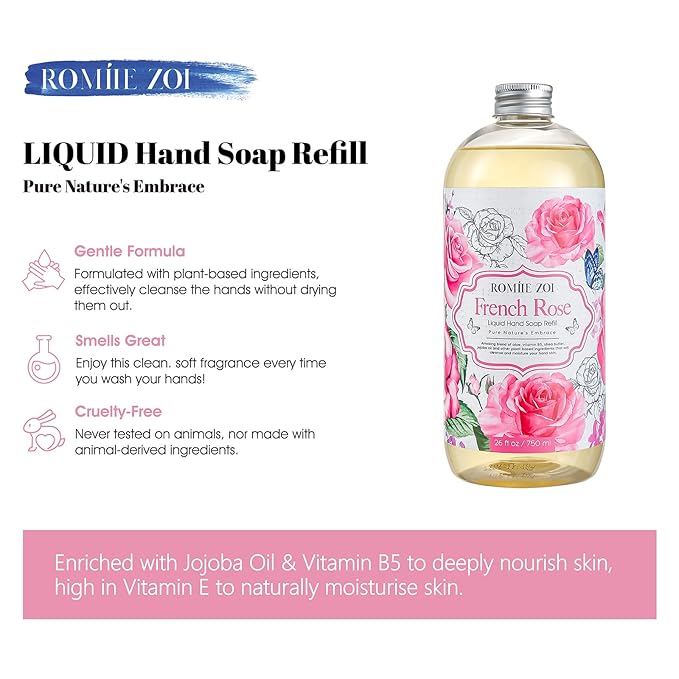 ROMIIE ZOI Liquid Hand Soap Refill, Rose, Gentle & Moisturizing Formula, 750 ML/ 26 FL OZ