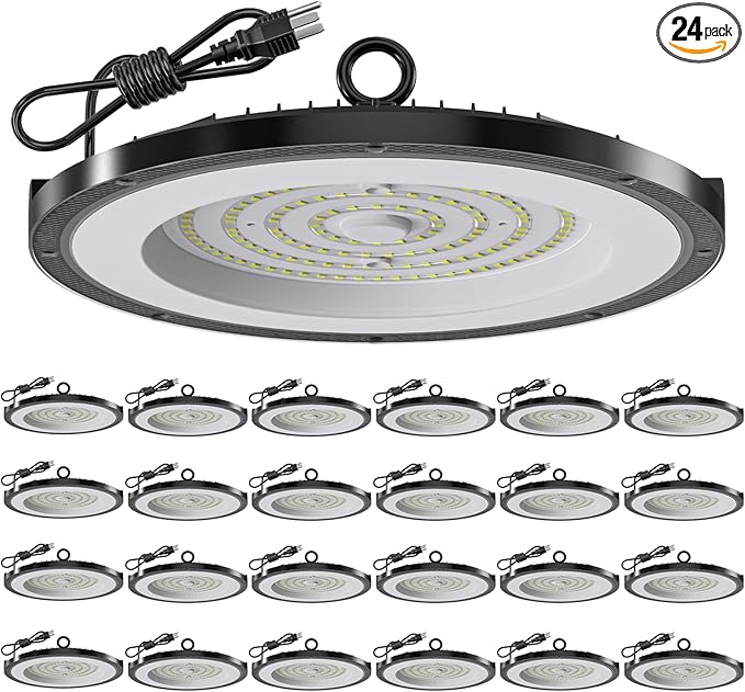 AIKVSXER 200W LED High Bay Light 30000LM UFO Shop Light 6000K Daylight IP65 Waterproof for Warehouse Garage Barn Factory Workshop 5FT Cord with US Plug 24 Pack