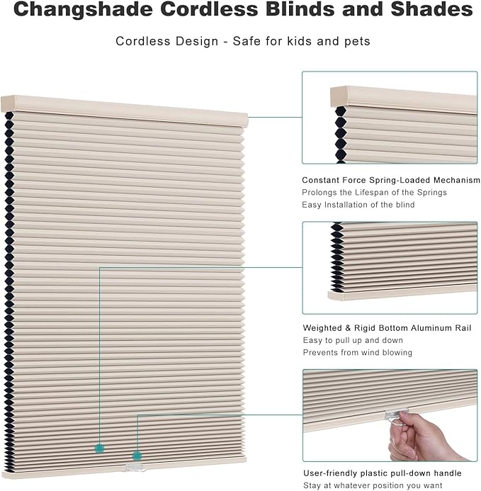 Changshade Custom Cordless Cellular Shades, Blackout Honeycomb Shades for Windows, Pull Down Pleated Blinds, Easy to Install for Indoor Windows and French Doors,Beige