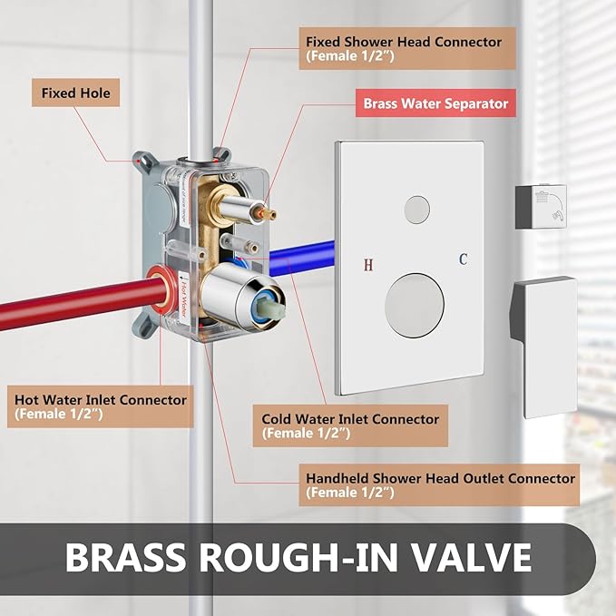 Shower Faucet Set Rainfall Shower System with Square Showerhead and Handle Set Fixture with 2 in 1 Function Handheld Sprayer Wall Mounted Trim Repair Kit Rough-in Valve 10 Inch Polish Chrome