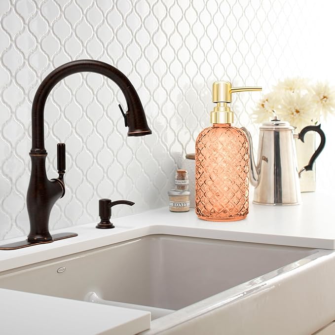 450ml Glass Soap Dispenser with Pump, 16 oz Diamond Cut Design Refillable Liquid Hand Soap Bottle Dispenser for Bathroom, Countertop, Kitchen, Laundry Room, Home Decor Accessories